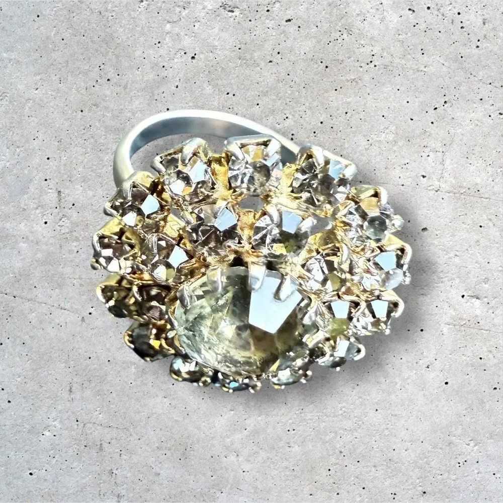 VINTAGE ADJUSTABLE SILVER RING WITH LARGE ROUND CRYSTAL CLUSTER – STATEMENT JEW